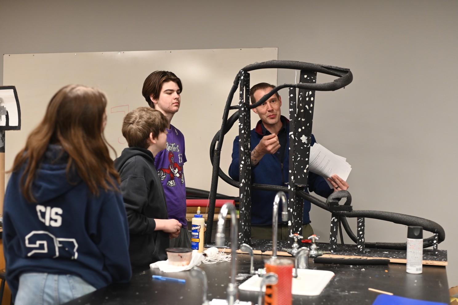 Professor Joel Dittmer discusses the physics of a student-built marble rollercoaster.